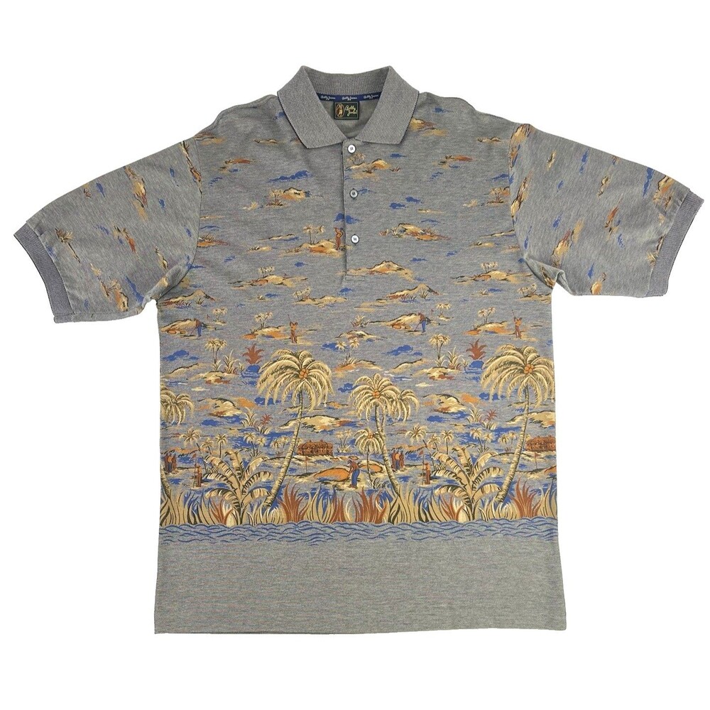 Vintage Bobby Jones Golf Pique Polo Navy Mens L Tropical Palm Tree Golf Italy